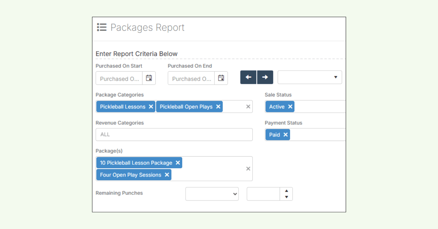 Example of Package reporting window in CourtReserve and available reporting filters. 