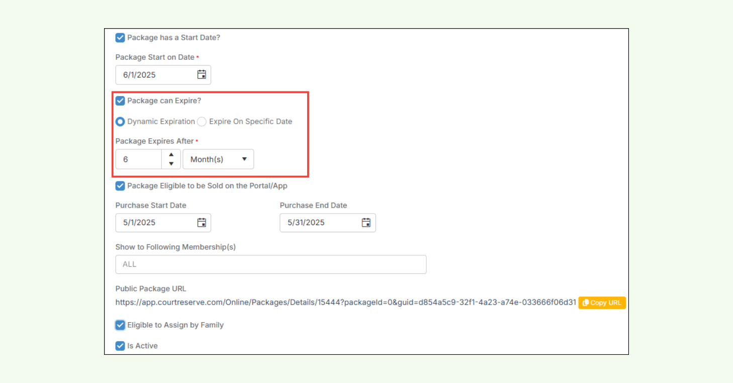 Example of expiration settings in "Create Package" window in CourtReserve.
