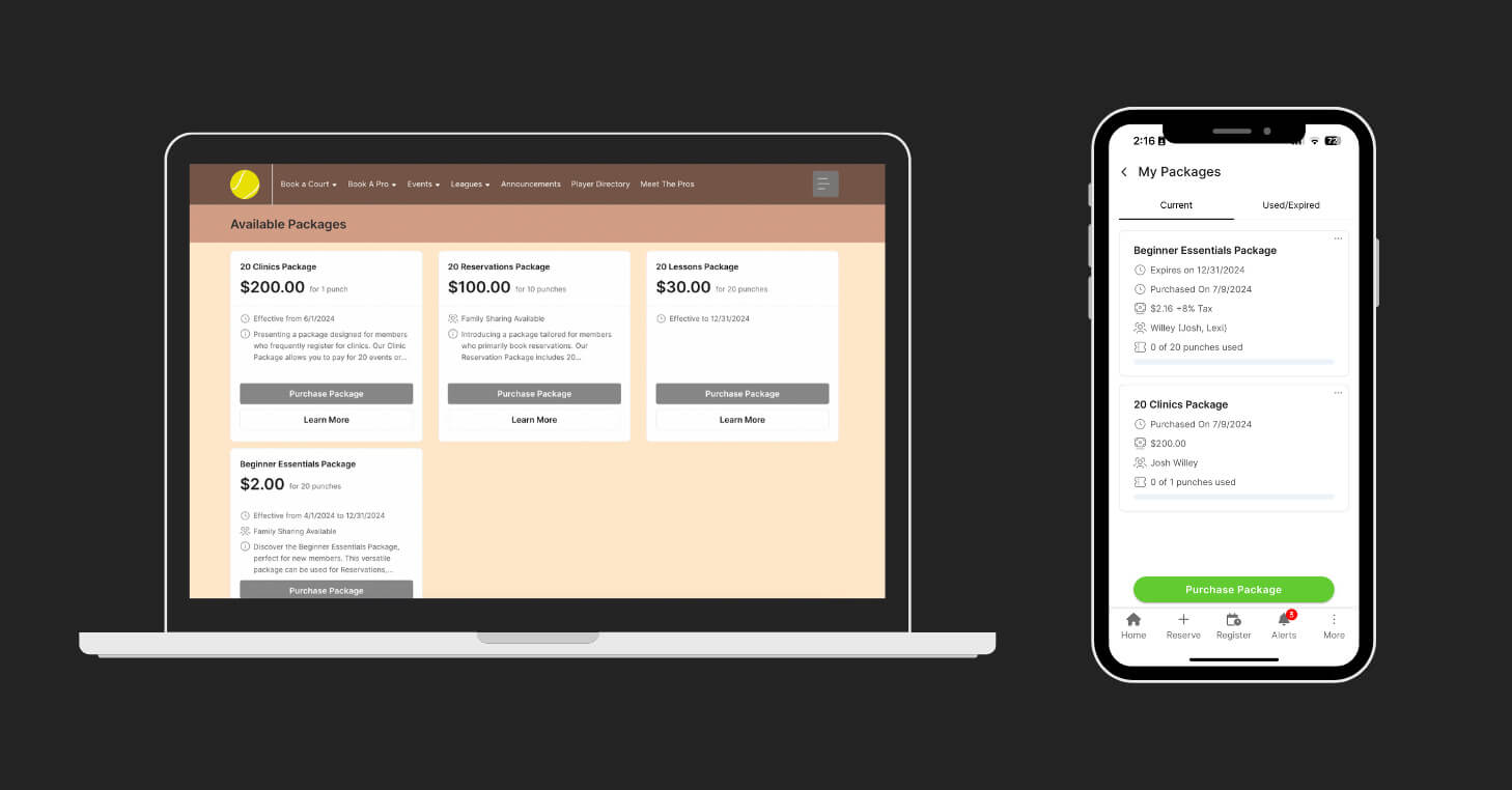 Examples of CourtReserve member packages. Allows members to directly from their account on both desktop and mobile app.