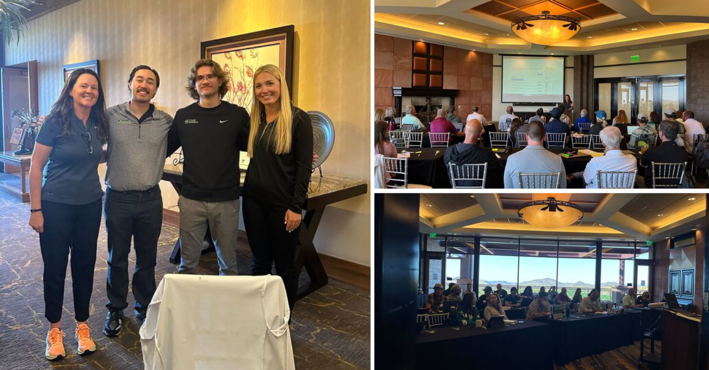 Three photos from CourtReserve's Catalyst event in Phoenix, AZ. On left: a photo of 4 members of the CourtReserve team. On right: 2 images of the room full of attendees plus speaker.