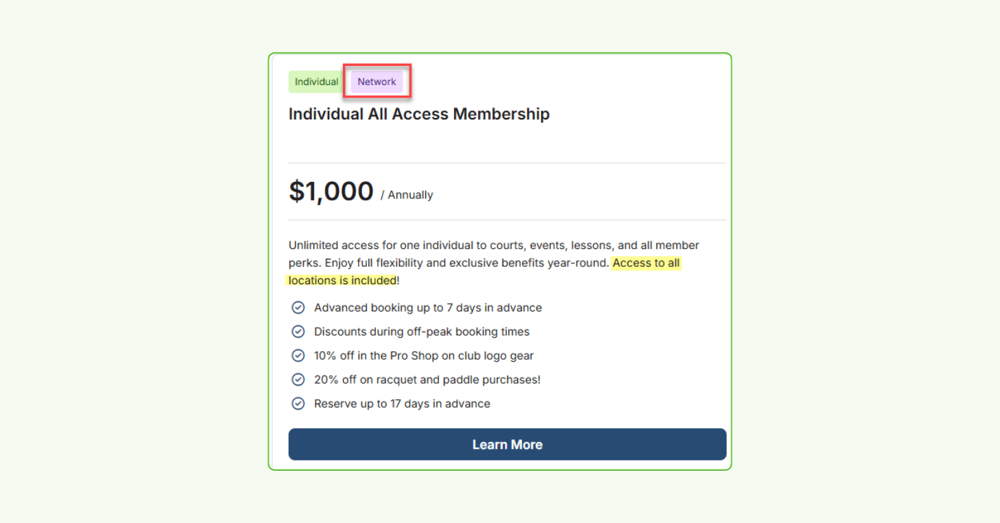 Example of a Network Membership option in the Player Center. Your members will see any location-specific options as well as the Network Membership option.