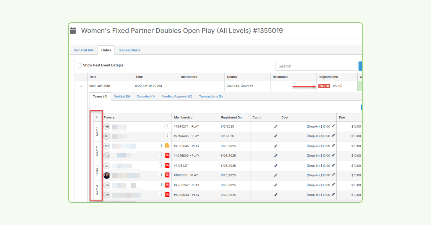 Admin view of a completed team-based event registration for “Women’s Fixed Partner Doubles Open Play.” The interface shows four fully registered teams with two players each, highlighted under the “Teams” tab. The red “FULL (4)” label confirms all spots are taken. Player names, registration dates, and payment details are visible, demonstrating how team assignments and dues are automatically organized without special setup.