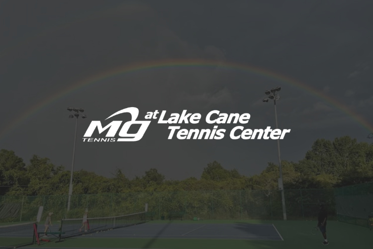 MG Tennis at Lake Cane Tennis Center logo with rainbow over outdoor tennis courts