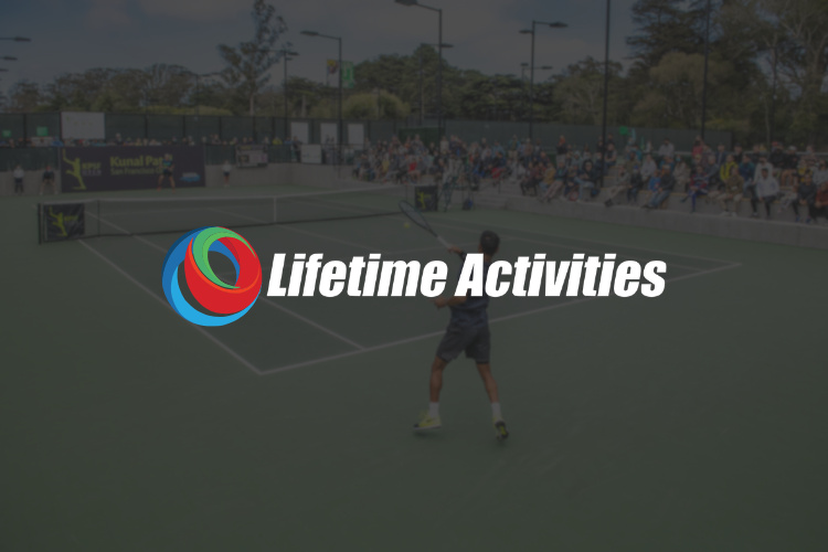 Lifetime Activities logo displayed over a background of a tennis match with a player serving and a crowd watching.