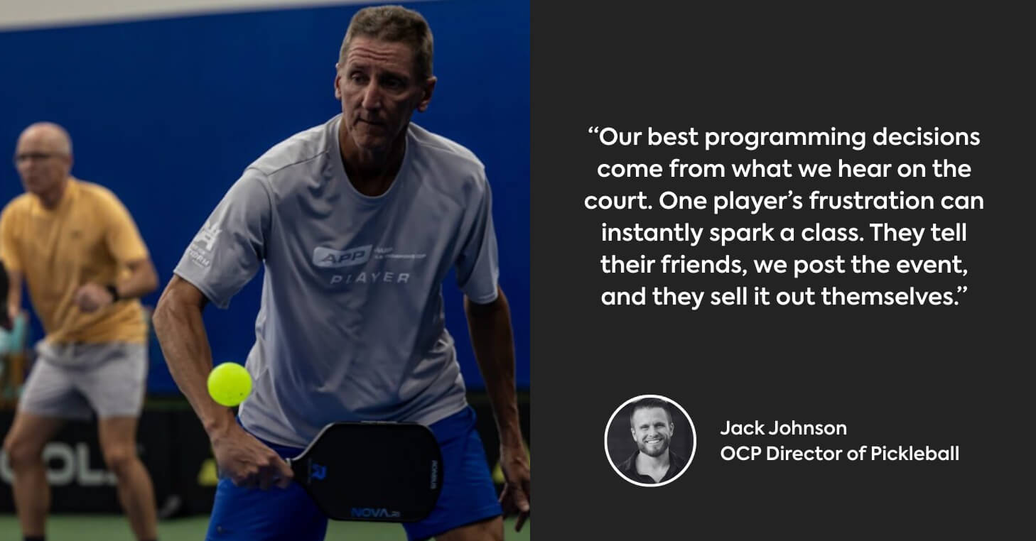 Left side shows pickleball player hitting the ball while another player stands behind him waiting. Right side displays quote from Jack Johnson.