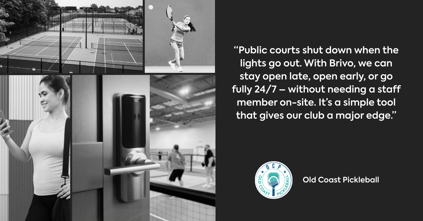 Left side shows 4 images: one of a pickleball court, one of a plyer mid-game, one of a player on their phone, and one of a door with Brivo lock. Right side displays quote from Old Coast Pickleball.