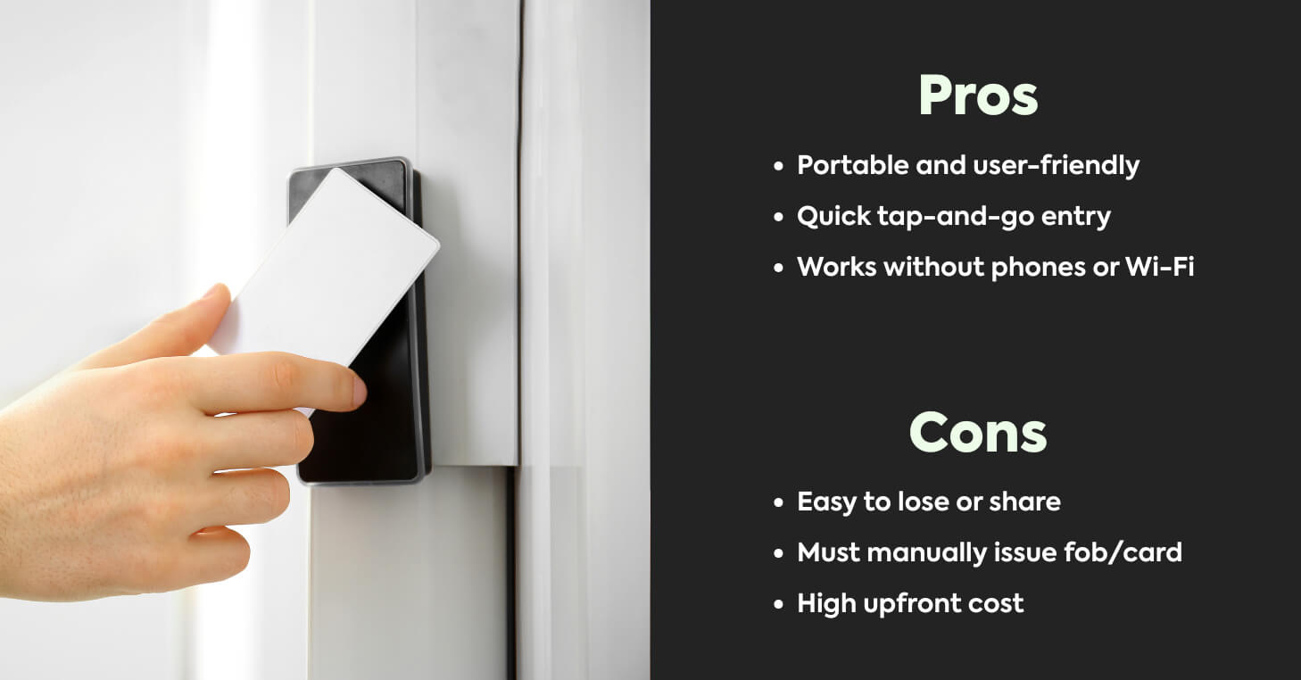 Left side shows hand. taping a card against a door entry reader. Right side outlines pros and cons of this entry system.