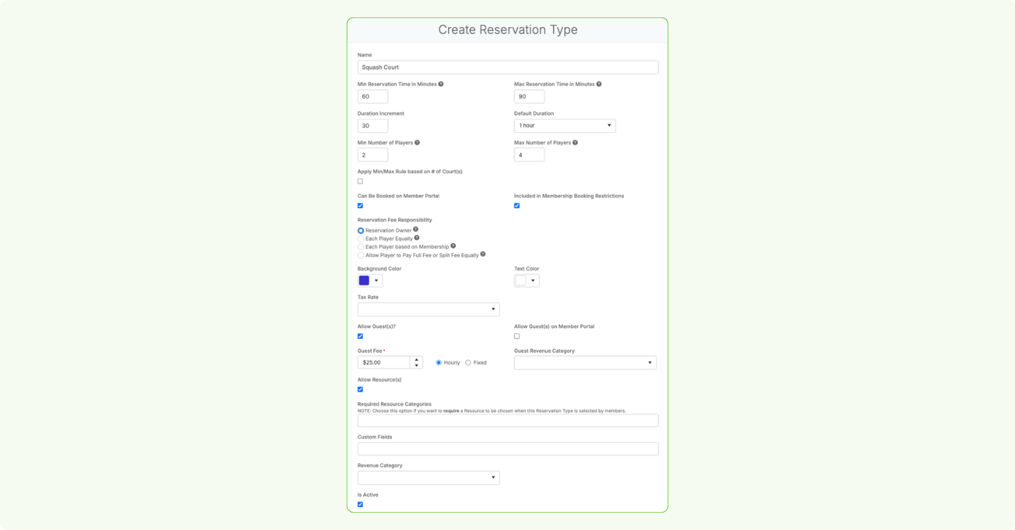CourtReserve reservation setup screen showing time, fees, guests, and player options.