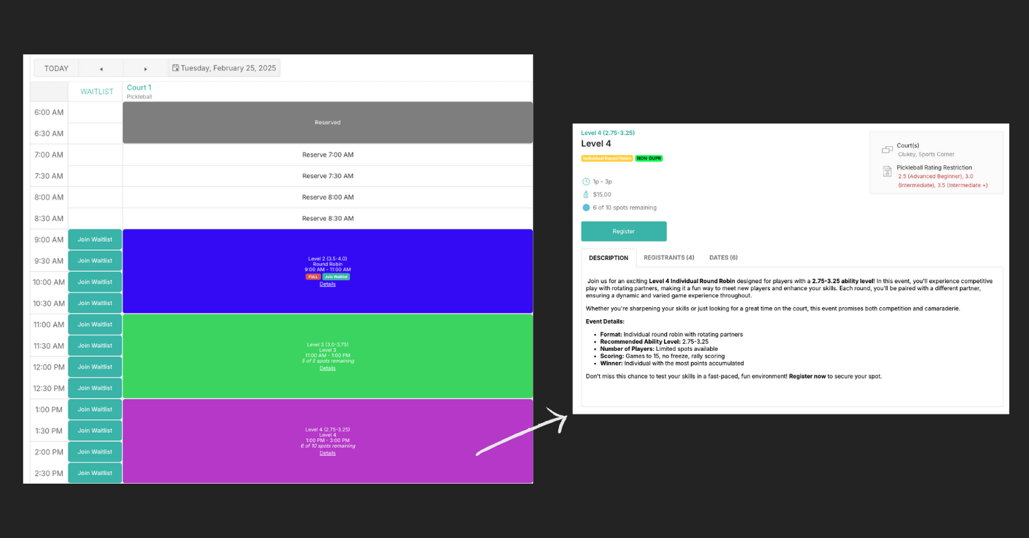 Image example of CourtReserve's member view of club's court schedule + event details