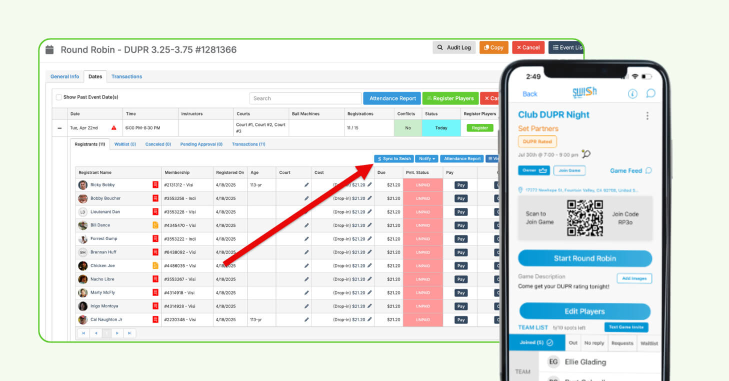 Swish and CourtReserve integration example showing seamless sync of round robin event data from CourtReserve desktop dashboard to Swish mobile app for pickleball club event management.