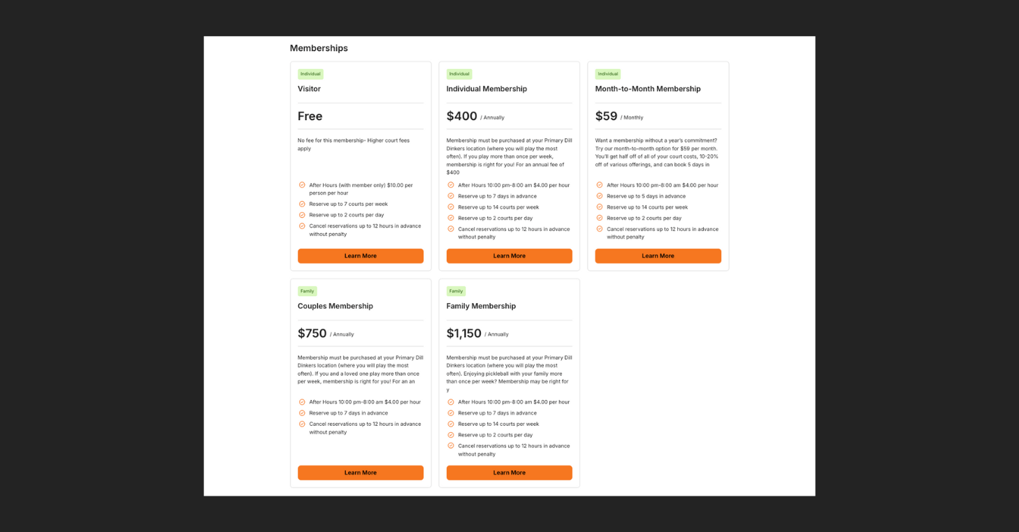 Screenshot of an example of a club's tiered membership offerings