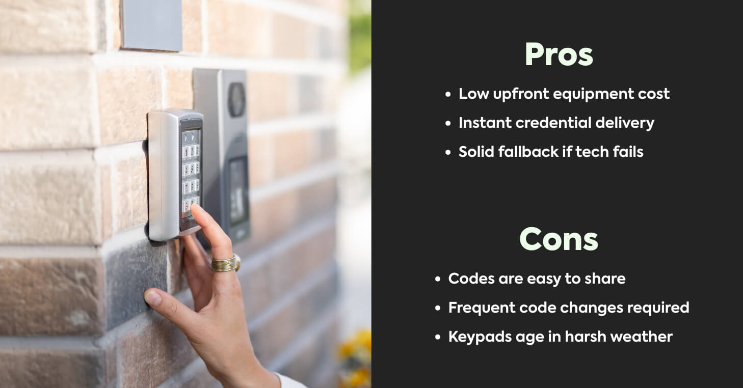 Left side of graphic shows an image of a keypad on the side of a building and a hand inputting a code. Right side shows list of pros and cons of using keypads