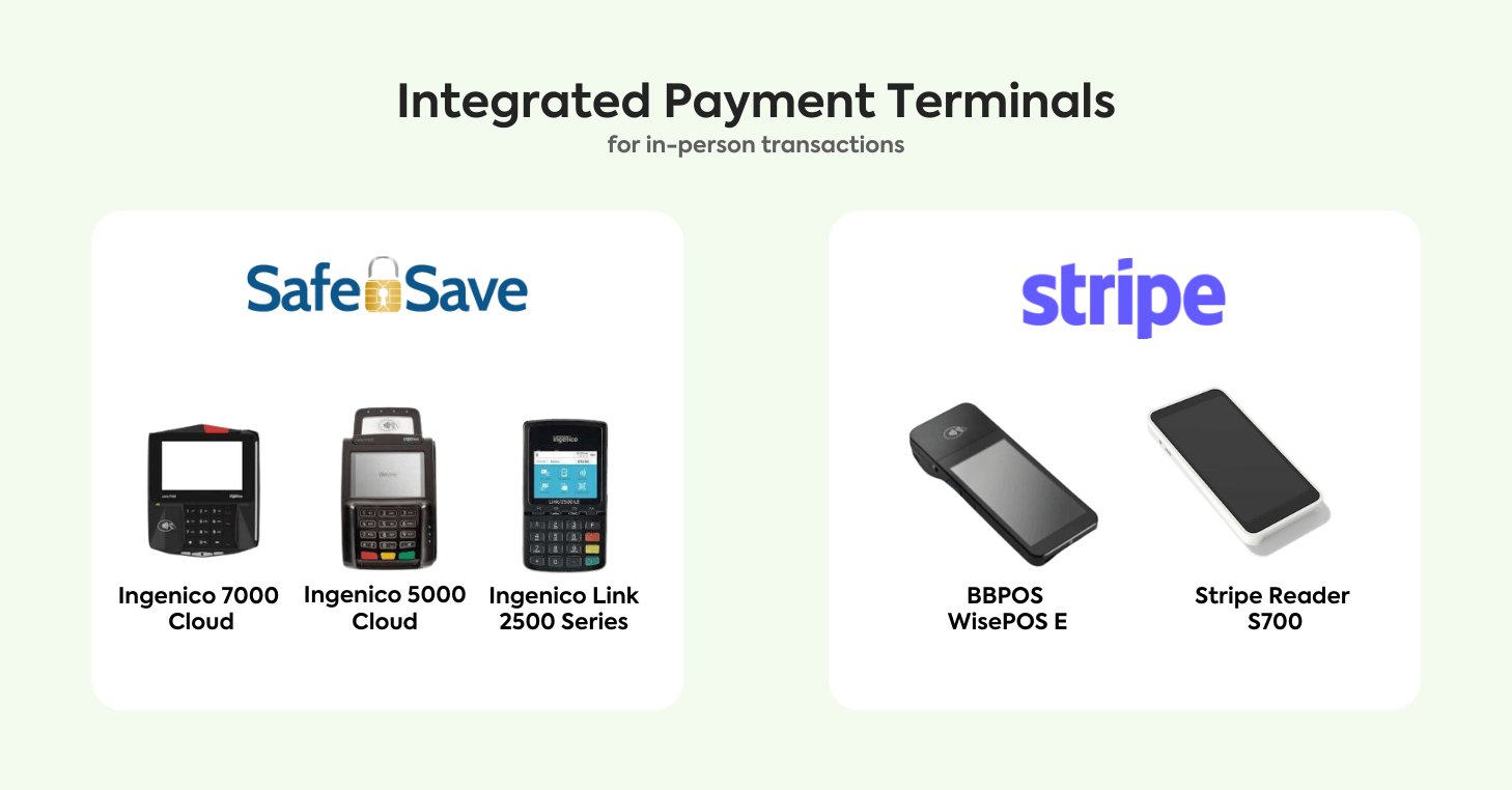 Examples of physical payment terminals that integrated payment processors like SafeSave and Stripe provide.