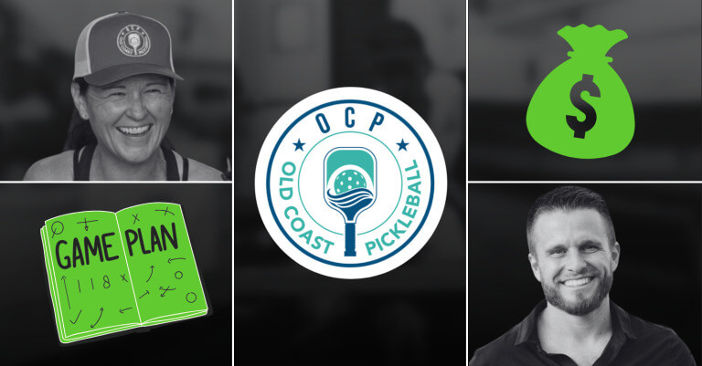 Two people smiling on either side of the Old Coast Pickleball (OCP) logo; the woman on the left wears an OCP hat and tank top, and the man on the right is in a dark collared shirt.