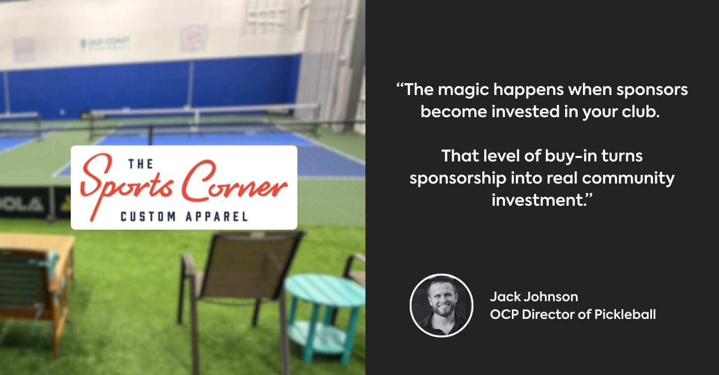 Left side shows Sports Corner logo, one of OCP's court sponsors, with the club in the background. Right side displays quote from Jack Johnson. 
