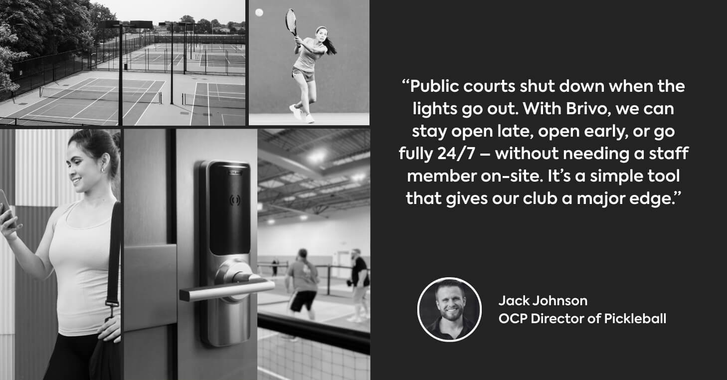 Left side shows 4 images: one of a pickleball court, one of a plyer mid-game, one of a player on their phone, and one of a door with Brivo lock. Right side displays quote from Jack Johnson. 