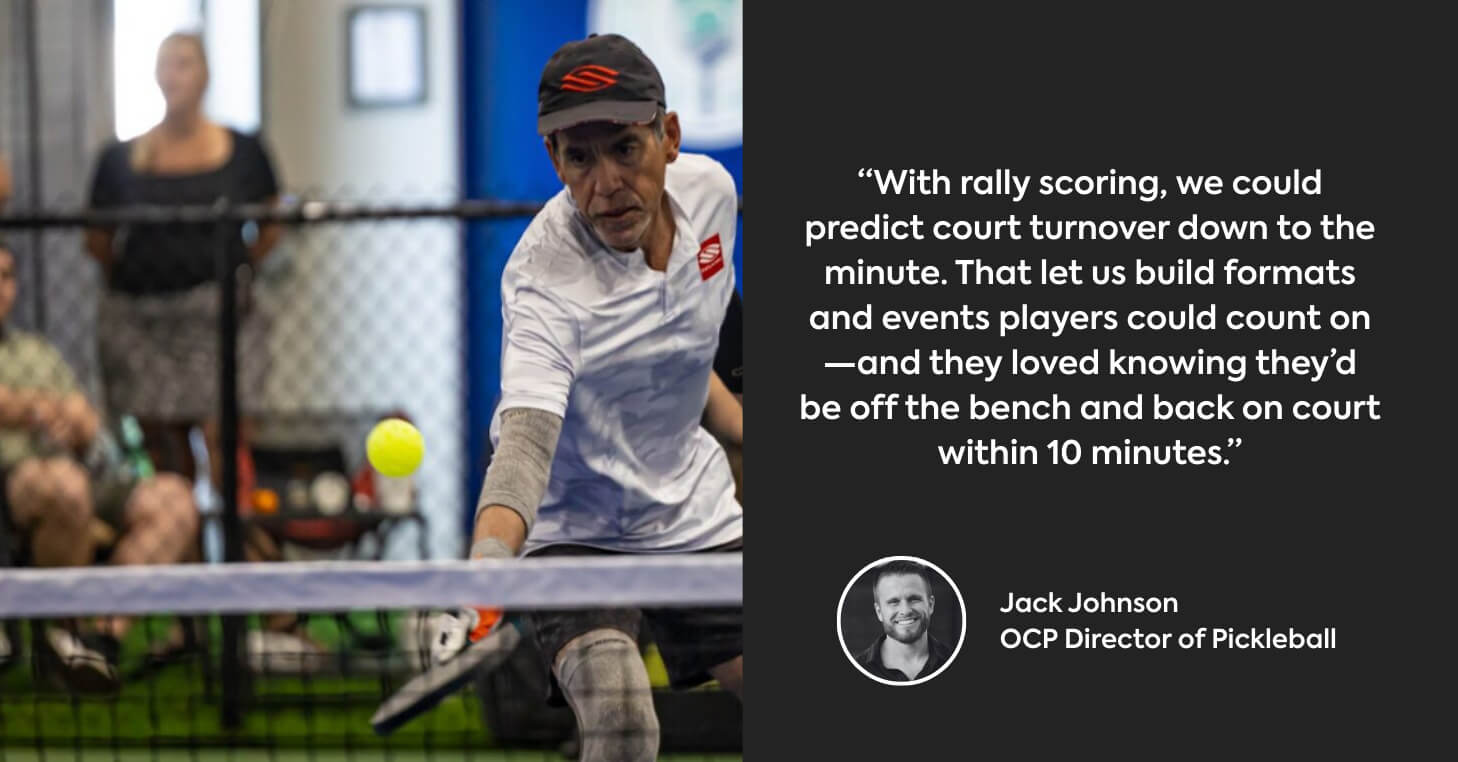 Left side shows player hitting pickleball over net while players watch and wait in the background for their turn. Right side displays quote from Jack Johnson.