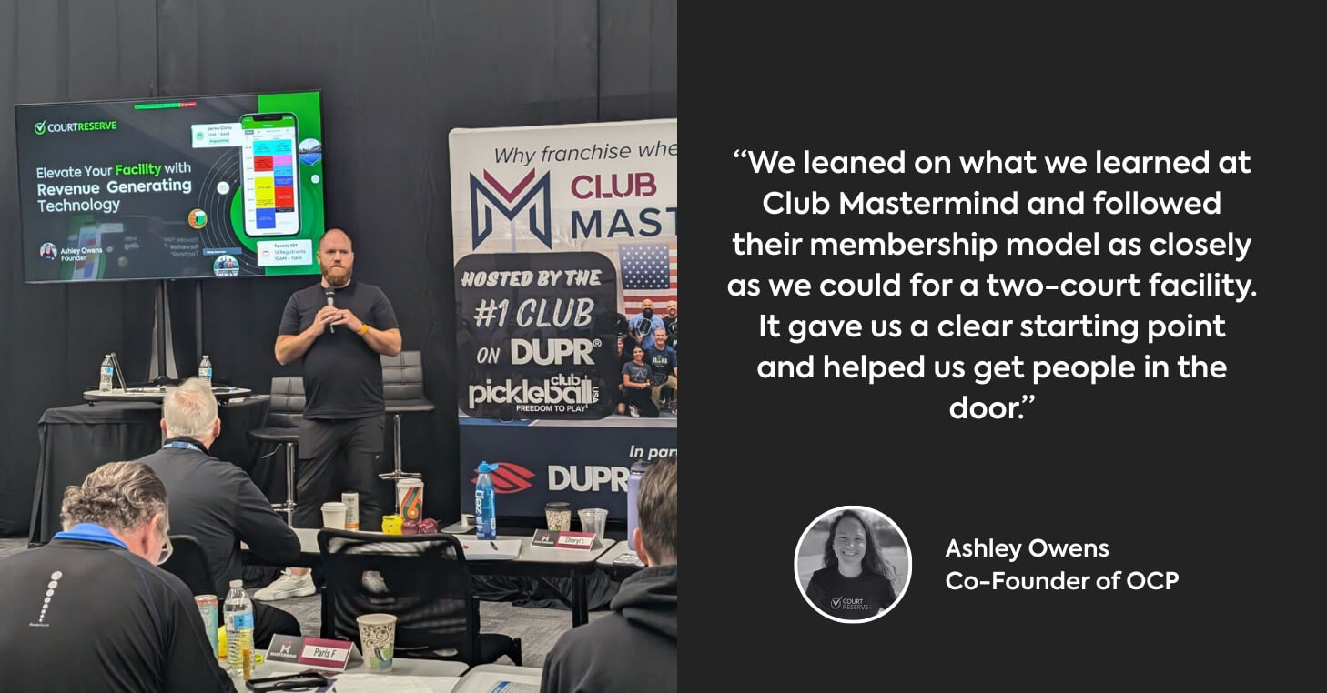 Left side shows speaker in front of Club Mastermind audience. Right side displays quote from Ashely Owens.  