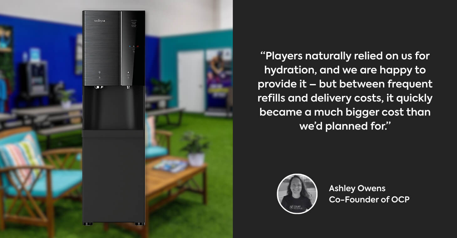 Left side shows OCP's hydration station machine with OCP lounge area in background. Right side displays quote from Ashley Owens. 