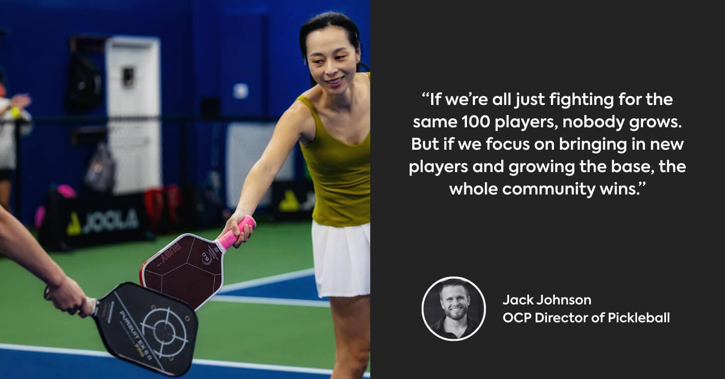 Left side shows 2 pickleball players touching paddles after a game. Right side displays quote from Jack Johnson. 