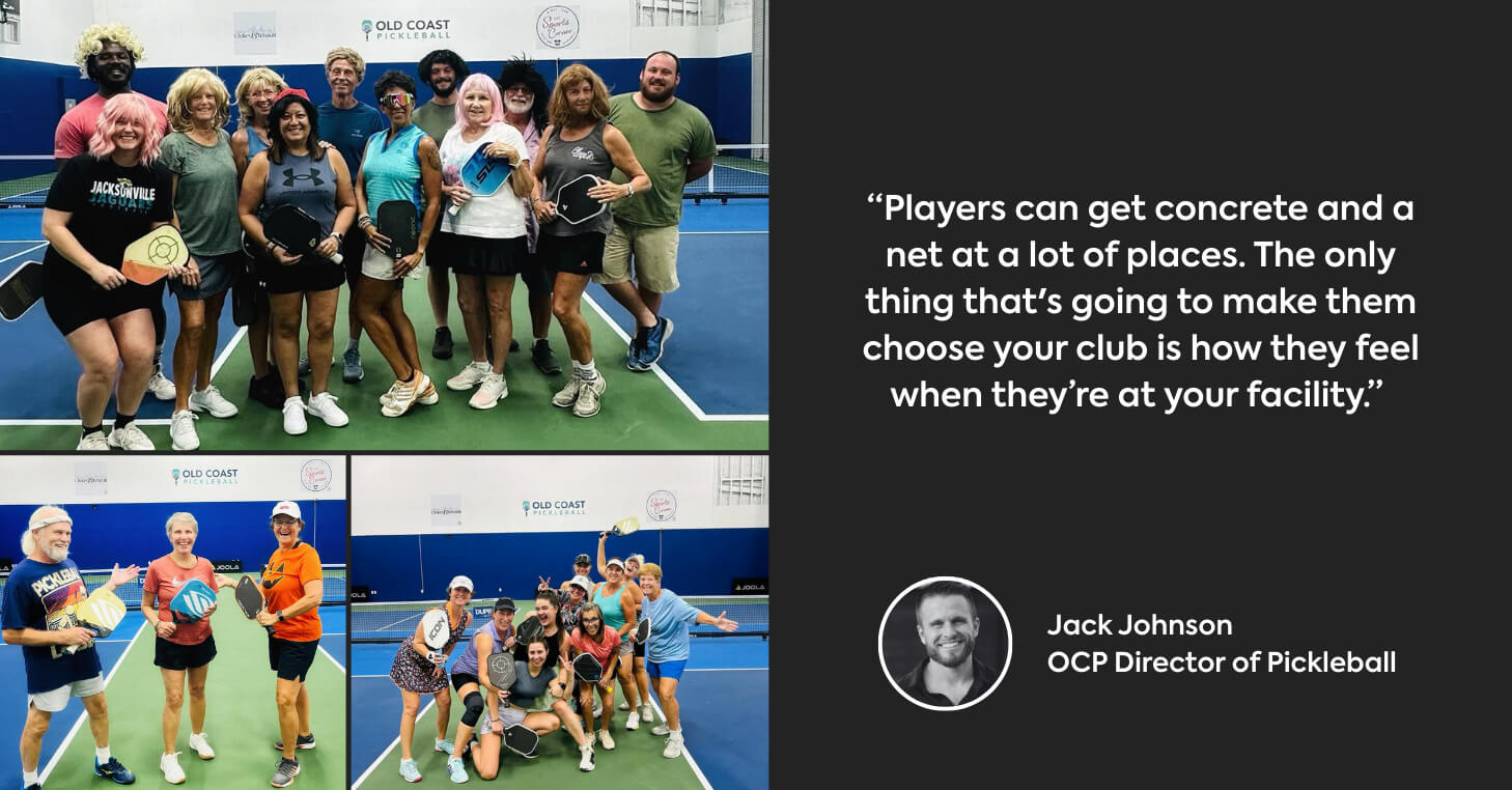Left side shows 3 images of players on OCP's courts having fun and being silly. Right side displays quote from Jack Johnson. 