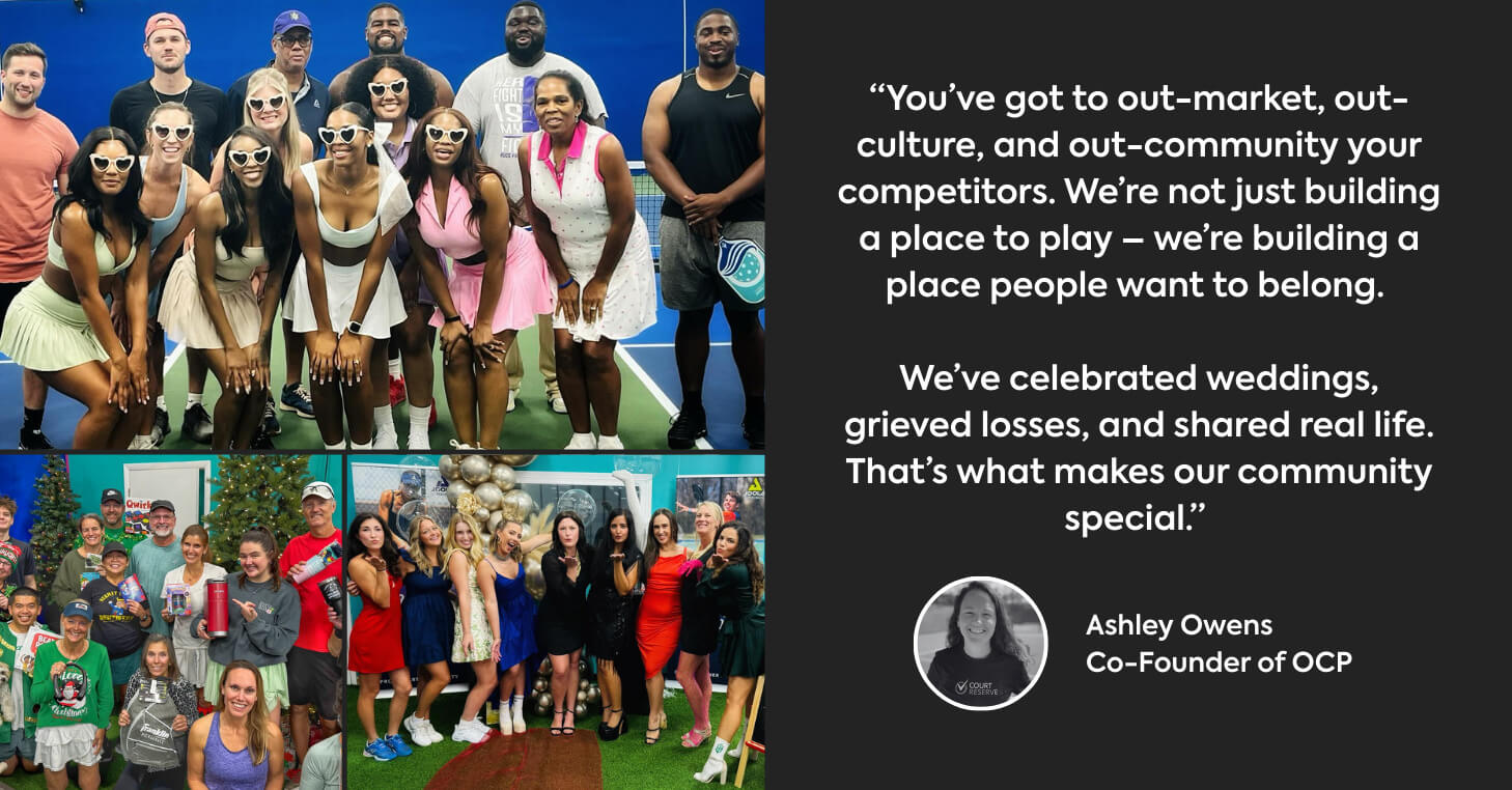 Right side shows 3 images of special events held at OCP including a bridal party shower, holiday party, and glam night. Left side displays quote about community by Ashley Owens.
