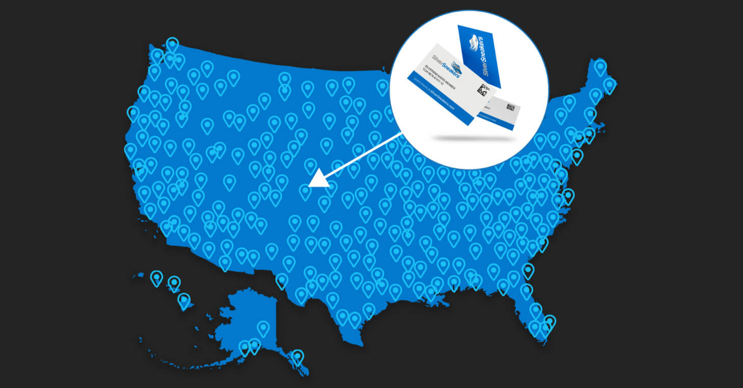 A map of the United States filled with blue location pins representing SilverSneakers-eligible facilities. A circular zoom-in highlights a SilverSneakers membership card, indicating widespread program availability across the country for senior fitness and wellness access.