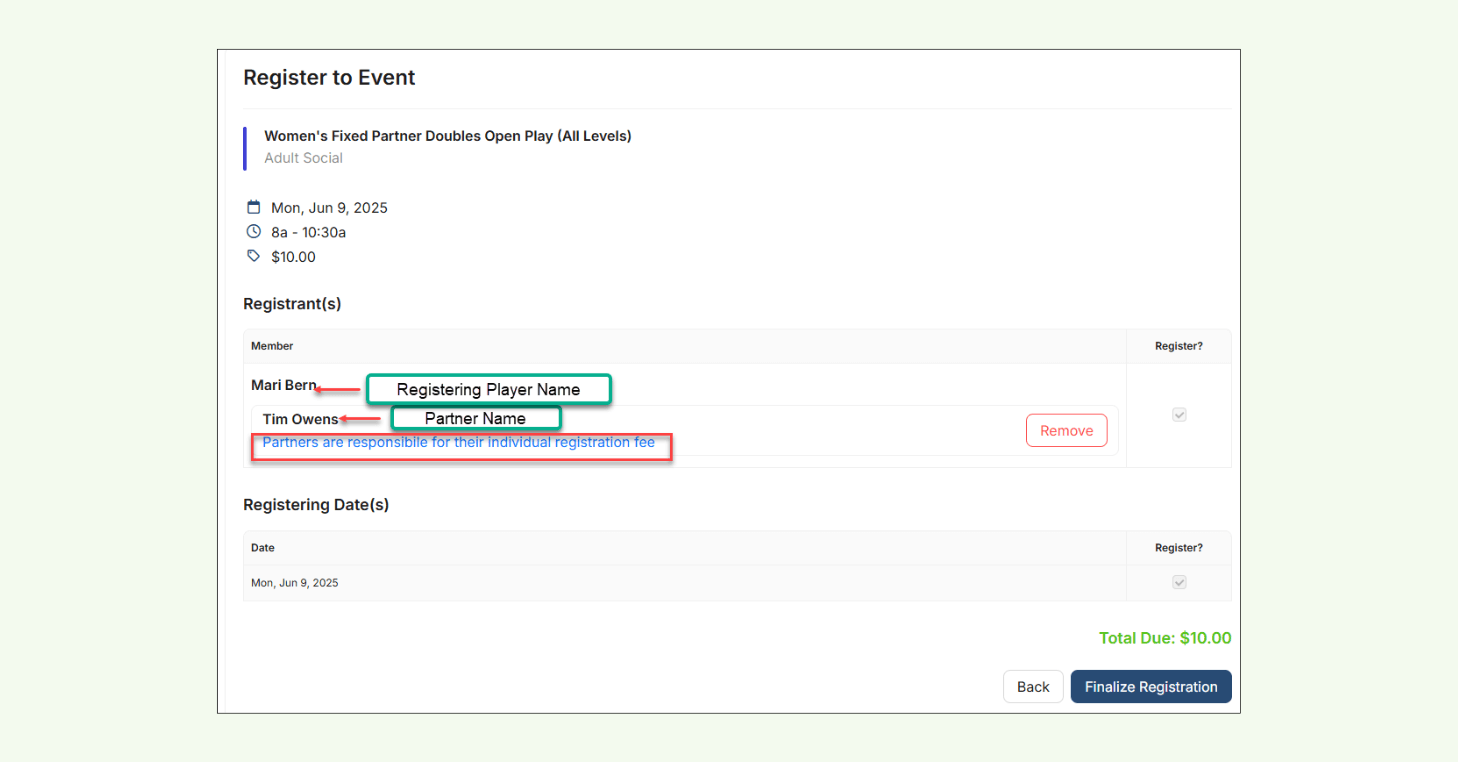 Player's view of Team-Based Event Registration window in CourtReserve. Players can select their partner, pick drop-in dates, and view remaining Team Spots during registration.