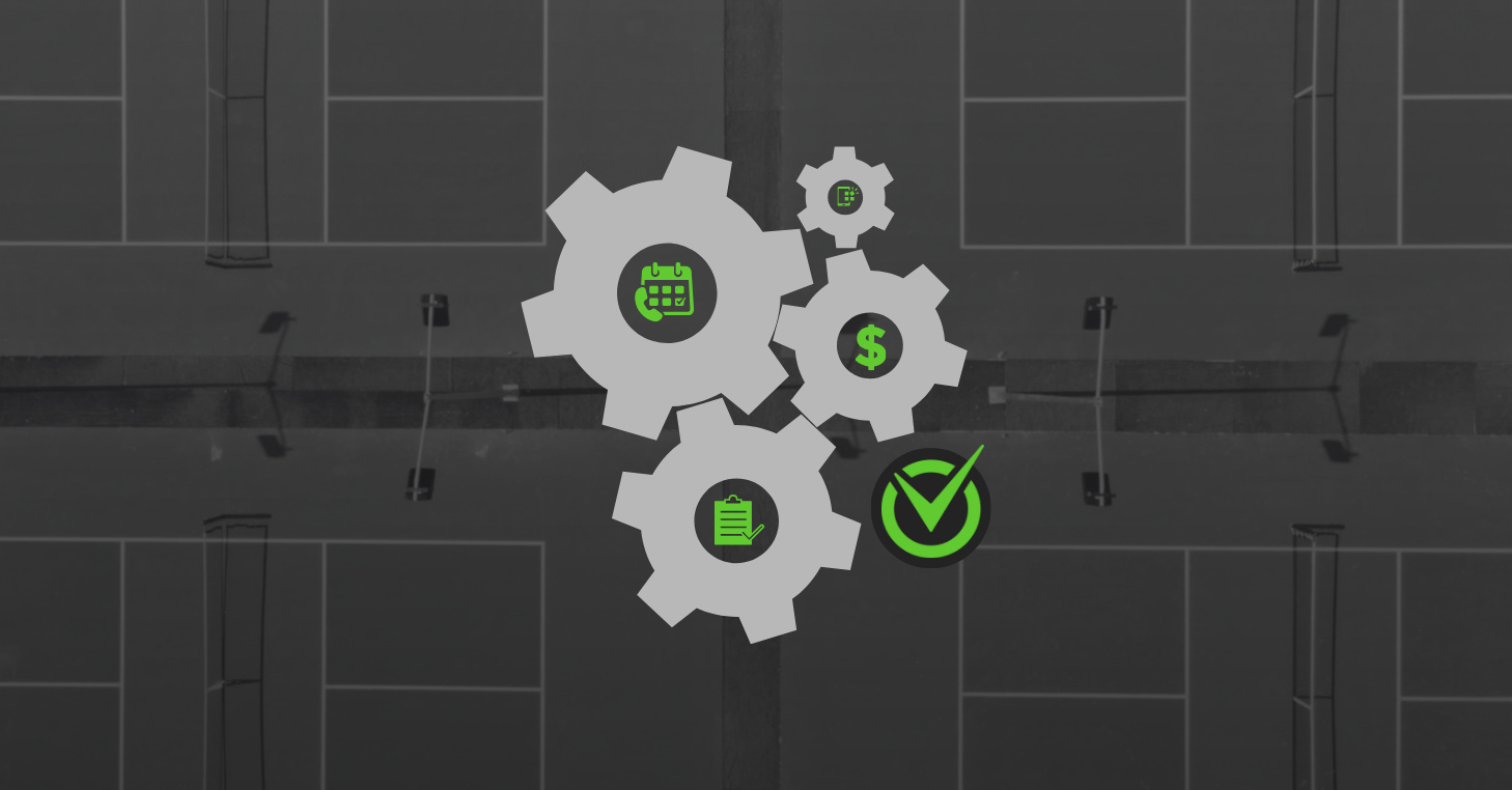 Racquet courts in background. Cogs with icons in center symbolizing different parts of club management software working together. CourtReserve logo in lower right.