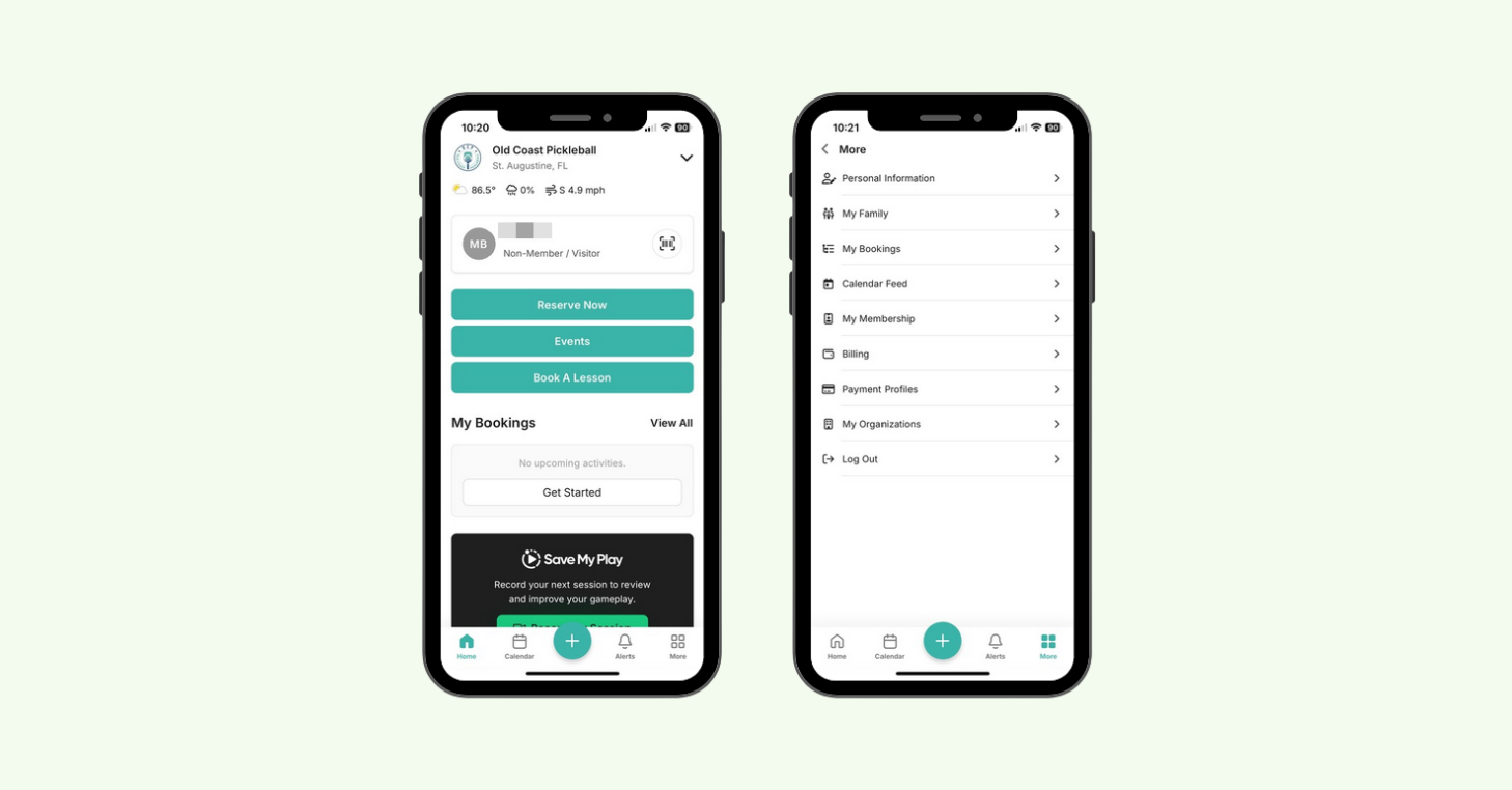 Two phone screens showing the CourtReserve mobile app: booking options, events, lessons, and user account settings.