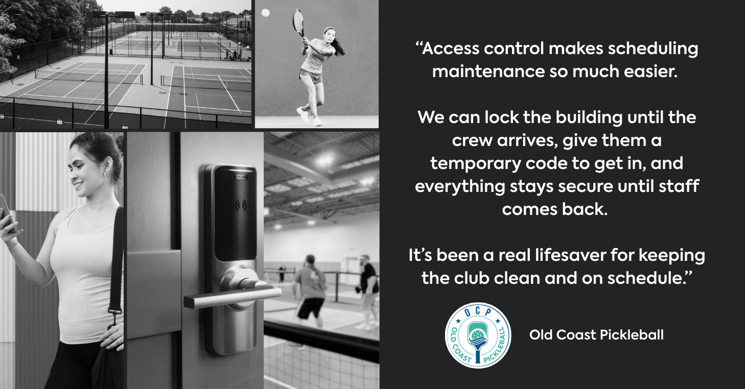 Left side shows 4 images: one of a pickleball court, one of a plyer mid-game, one of a player on their phone, and one of a door with Brivo lock. Right side displays access control quote from OCP.