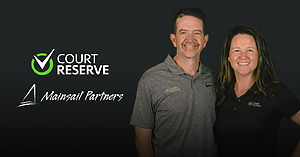 CourtReserve founders Tim and Ashley Owens standing together, smiling, beside the CourtReserve and Mainsail Partners logos