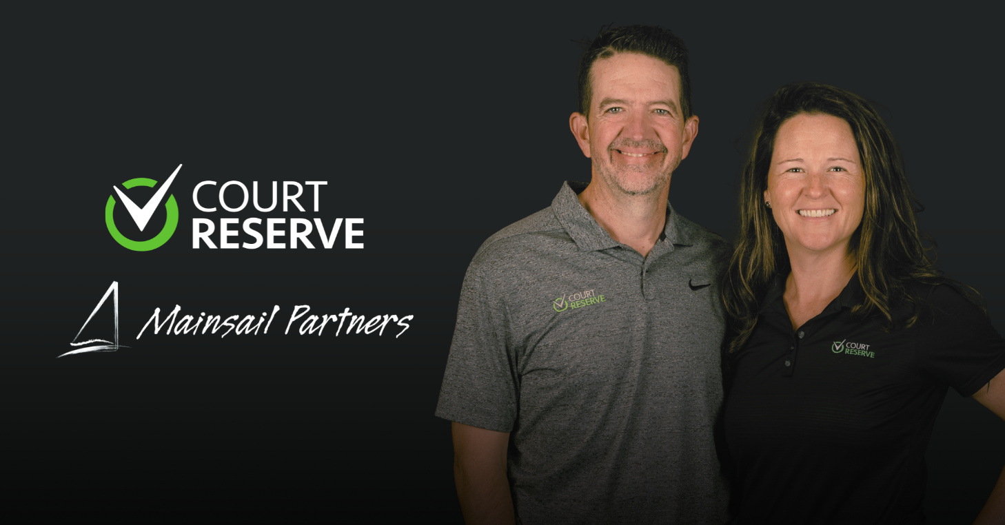 CourtReserve founders Tim and Ashley Owens standing together, smiling, beside the CourtReserve and Mainsail Partners logos