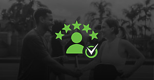 Two smiling racquet sport players shaking hands on the court, symbolizing great player experience with a five-star and checkmark icon overlay.