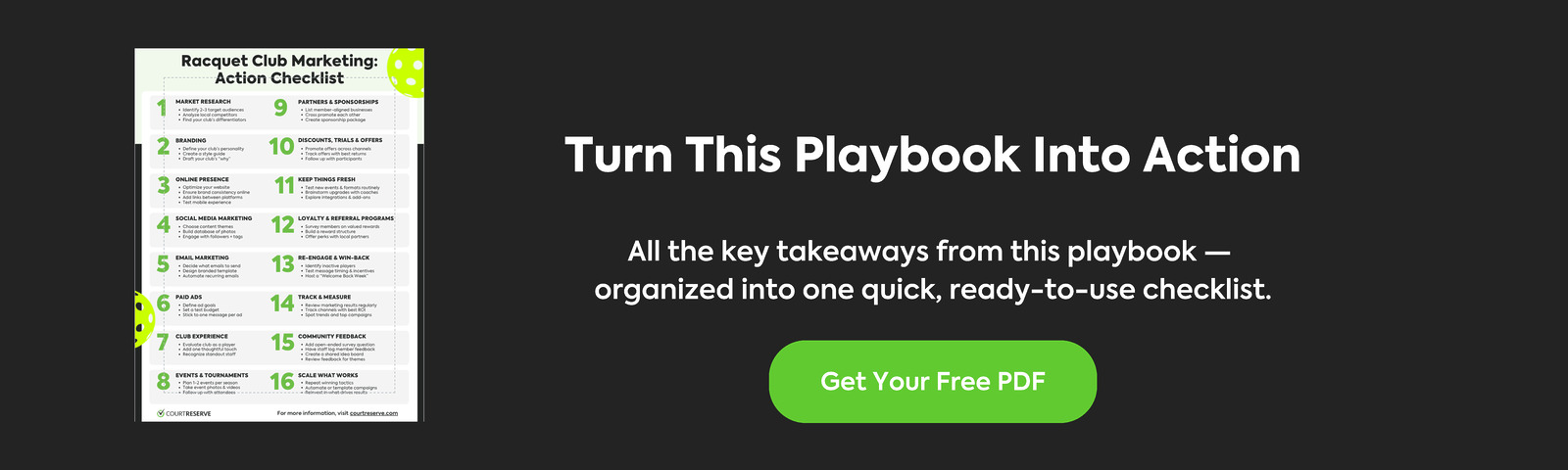 Banner promoting a free Racquet Club Marketing checklist with a preview of the checklist and a ‘Get Your Free PDF’ button.