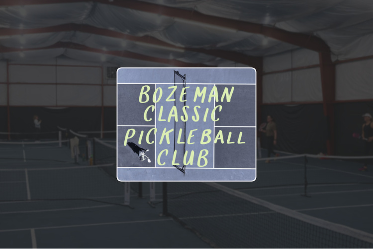 Bozeman Classic Pickleball Club logo displayed over a background of full pickleball courts with players.