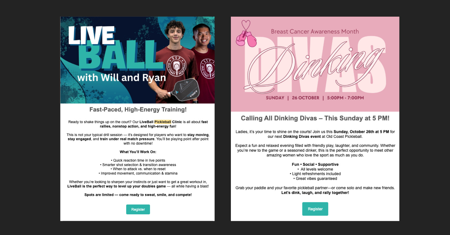 Two screenshot examples of OCP newsletter / email blasts.