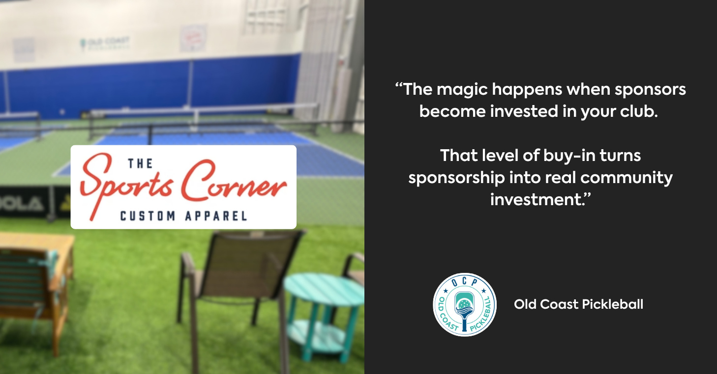 Left side shows Sports Corner logo, one of OCP's court sponsors, with the club in the background. Right side displays quote from OCP.