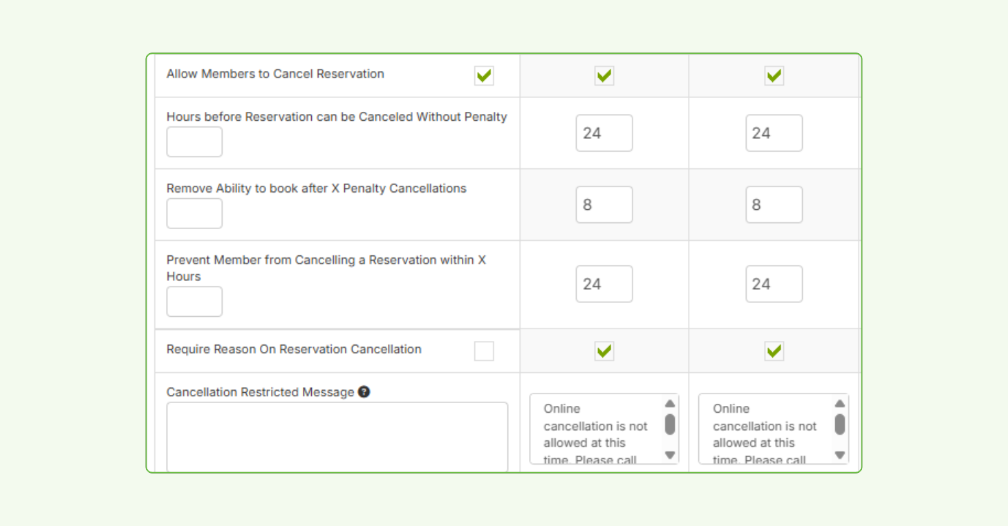 Screenshot of CourtReserve settings showing options to allow members to cancel reservations, set time limits, and apply penalties or restrictions before cancellation.