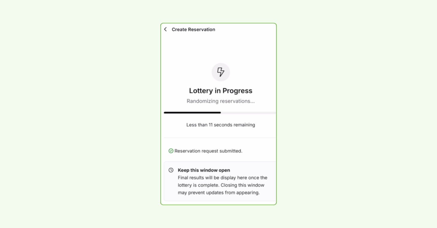 Mobile screen showing a “Lottery in Progress” message in CourtReserve with a countdown timer and note instructing members to keep the window open while reservations are randomized.