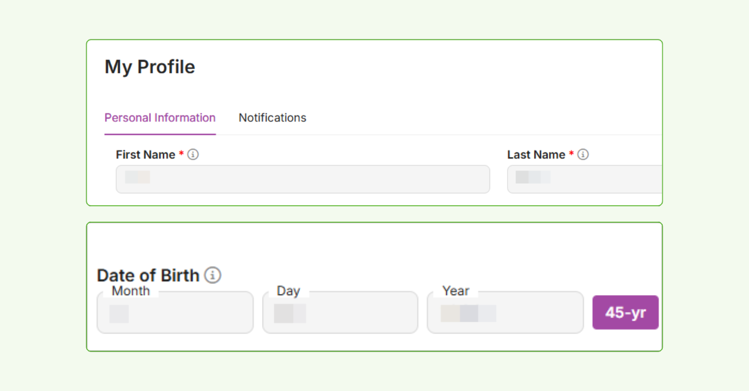 Screenshot of the CourtReserve member portal showing the My Profile page with disabled First Name, Last Name, and DOB fields under Personal Information.
