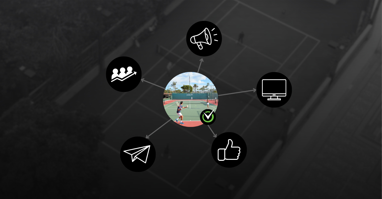 Active tennis court in center linked to member, marketing, tech, communication, and satisfaction icons over tennis courts.