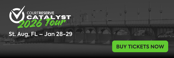 CourtReserve Catalyst 2026 Tour banner with January 28–29 dates in St. Augustine, Florida.