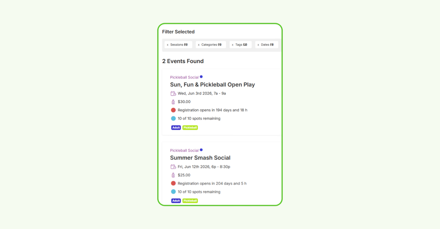 Member portal Events view showing a filtered list of events after applying saved filters (sessions, categories, tags, dates), resulting in a focused two-event list.