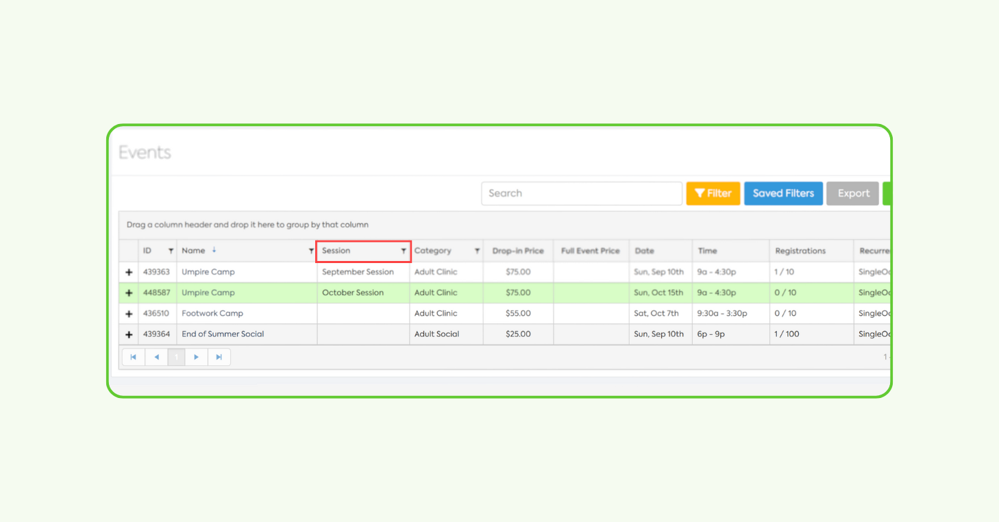 Events list view highlighting the ‘Session’ column, showing how events can be tagged with sessions like ‘September Session’ or ‘October Session.