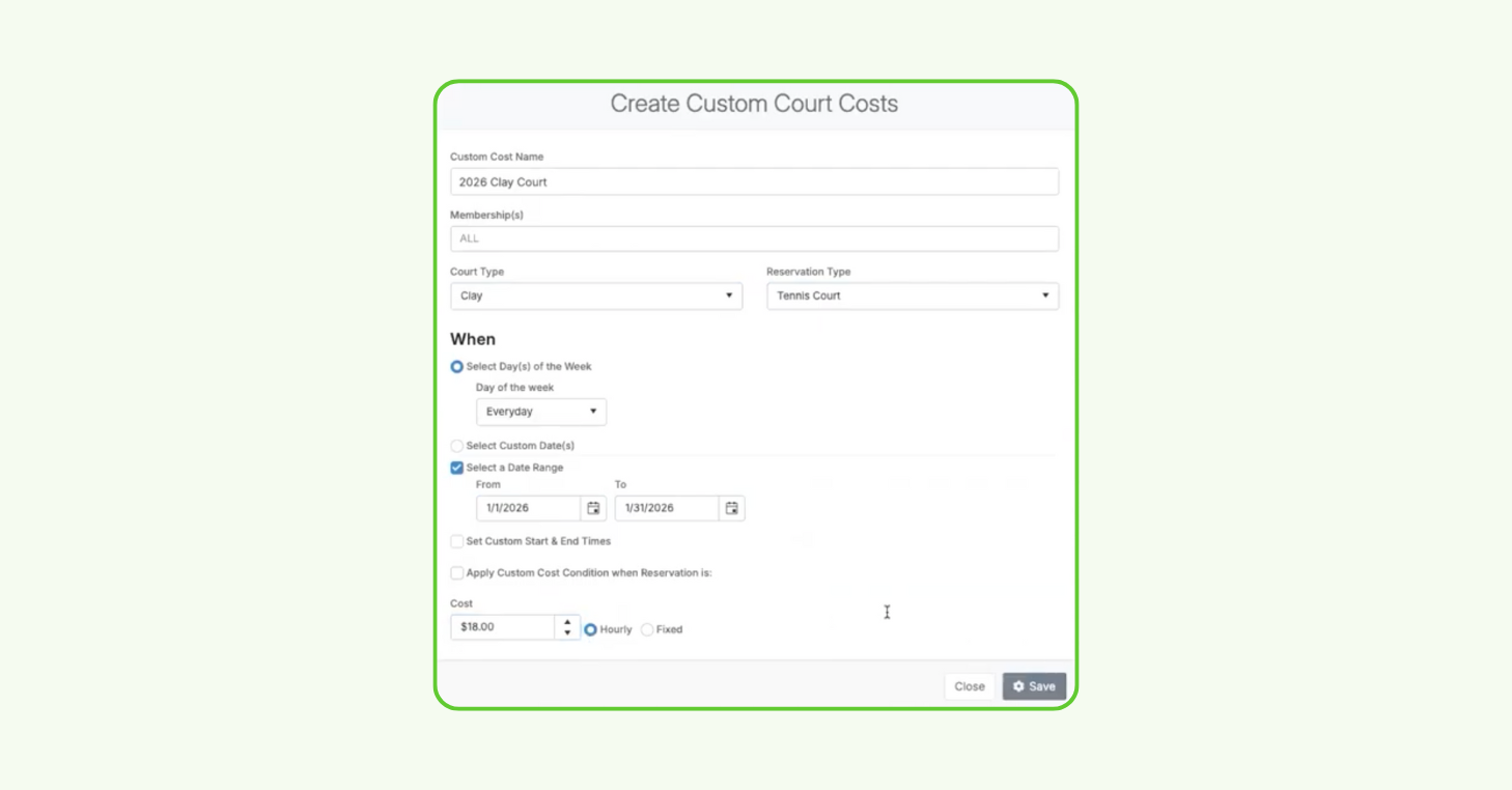 Create Custom Court Costs form showing a named custom cost, court type selection, and a date range from January 1 to January 31 to cover early-year bookings.