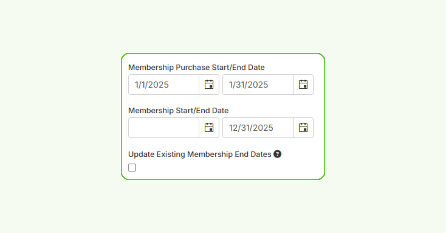 Membership general settings showing purchase start/end dates and membership start/end dates, plus the option to update existing membership end dates.