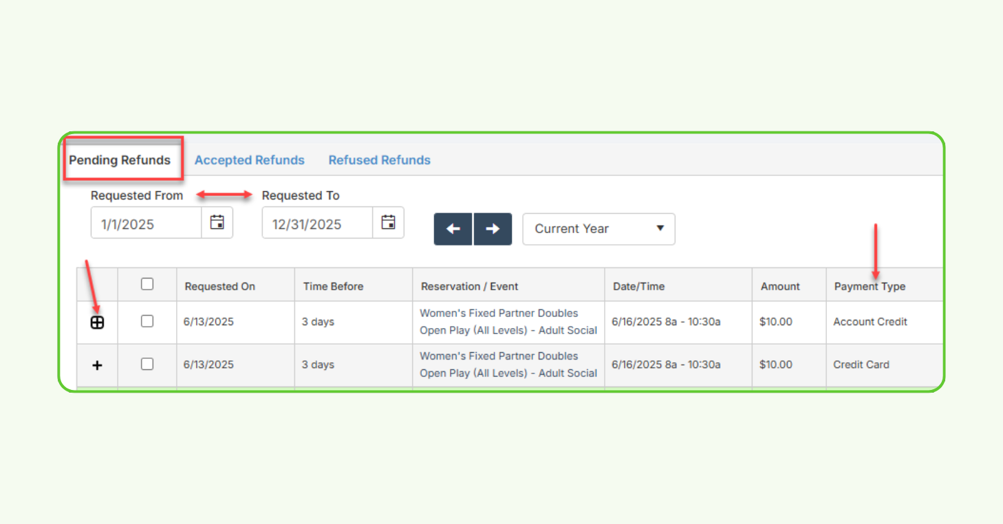 Pending Refunds page with tabs for pending, accepted, and refused refunds, showing a list of refund requests for review.