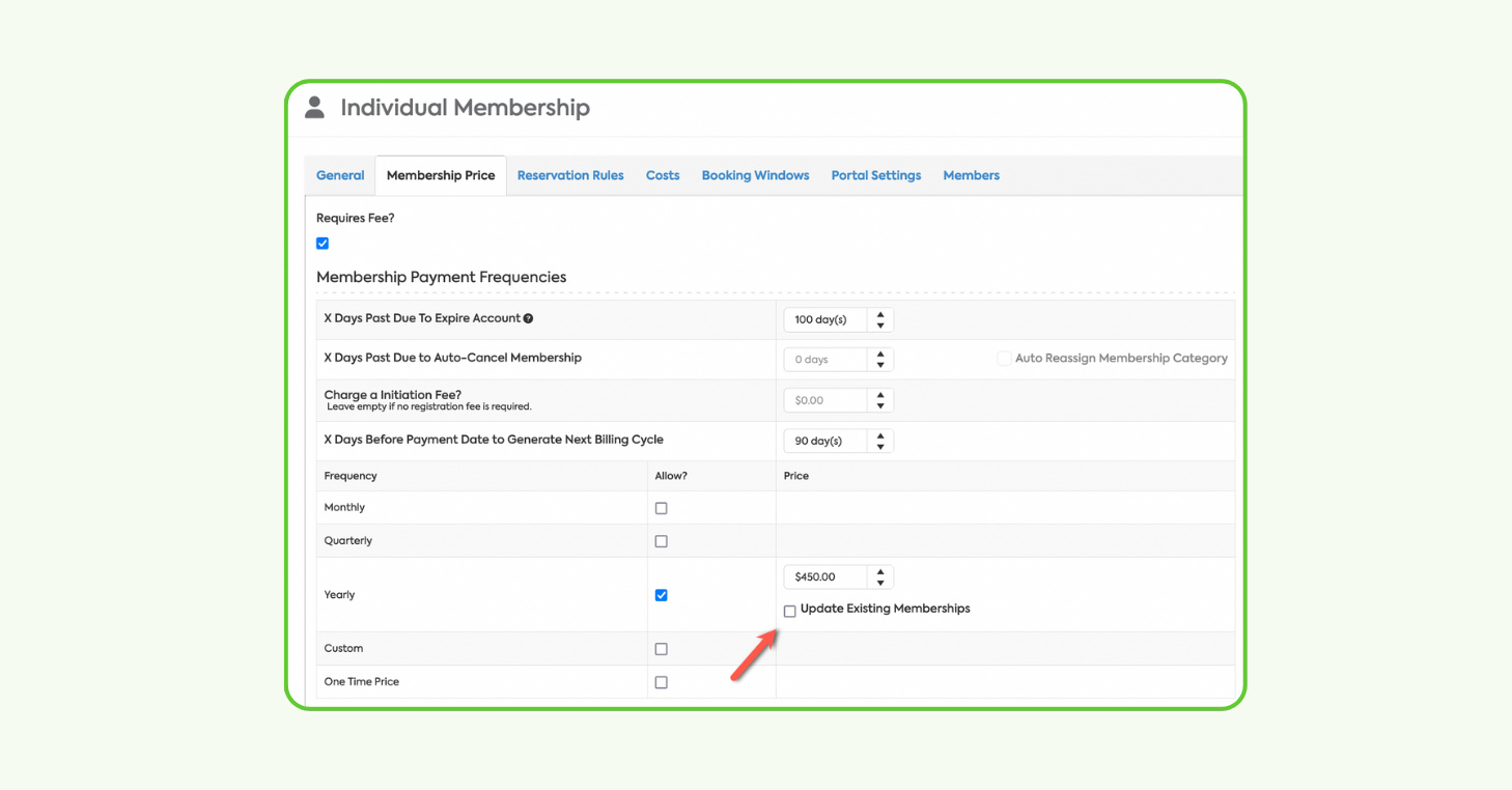 CourtReserve membership pricing screen showing payment frequency options and the ‘Update Existing Memberships’ checkbox used to apply new pricing to current members.