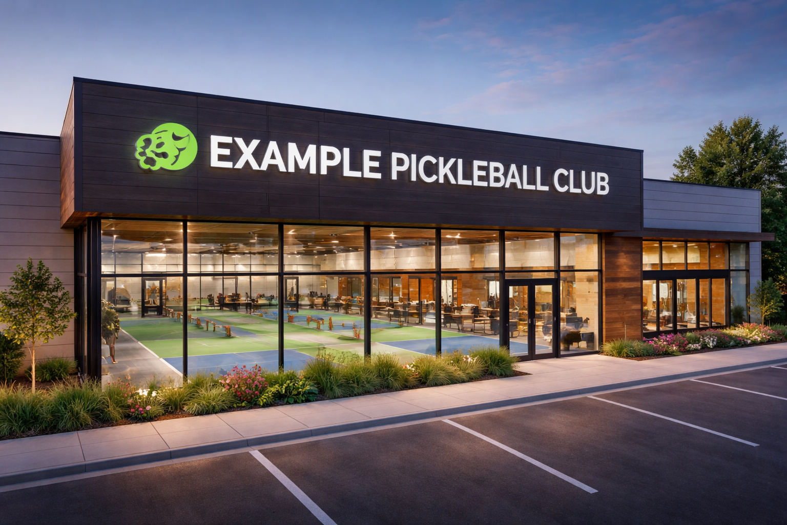 Mock image of an indoor pickleball facility used to illustrate an example pickleball club business plan.